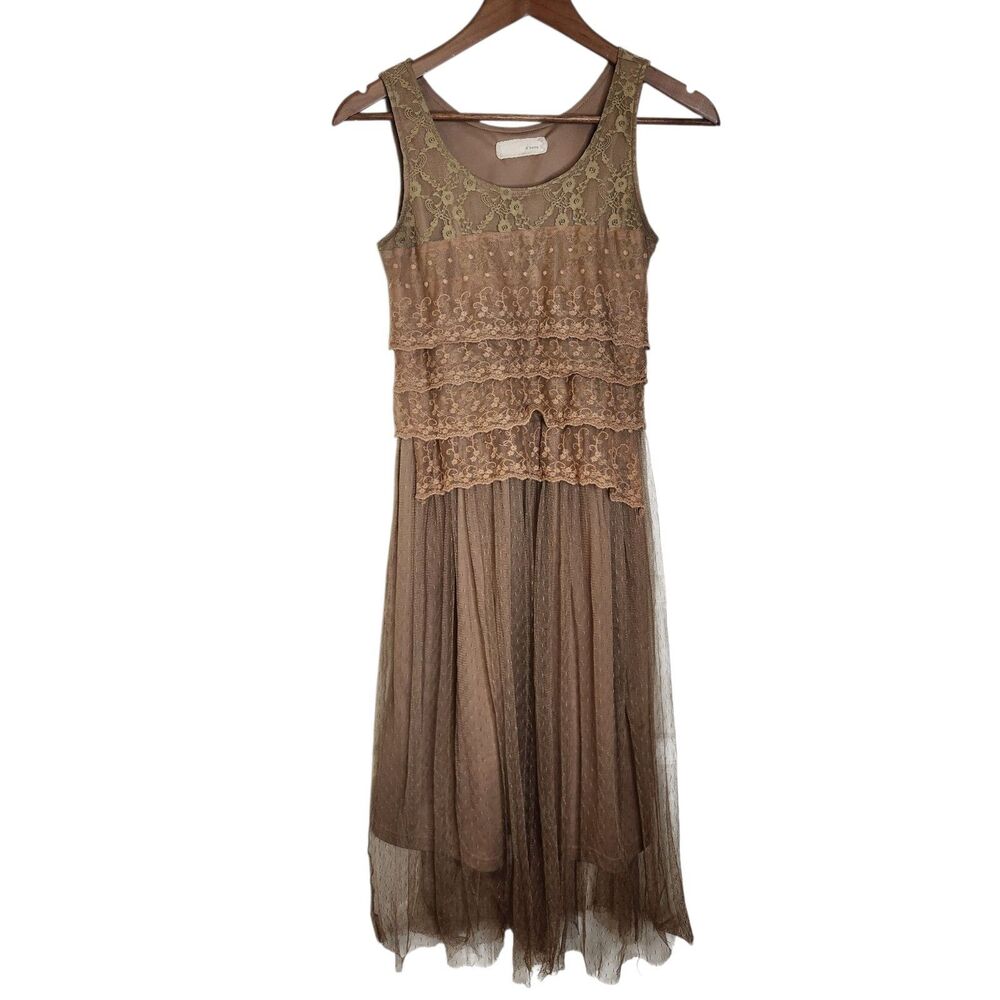 Areve Anthropologie Brown Tiered Lace Boho Tank Dress Lined Mesh Fairy Size XS